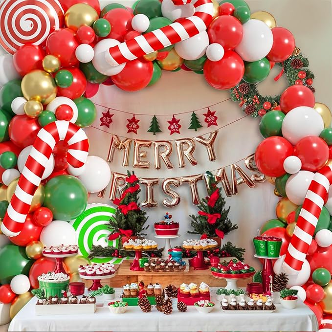 FunHot Christmas Balloons Arch Kit, Xmas Red Green Balloons Garland Kit, White Metallic Gold Latex Balloons Green Red Candy Cane Lollipop Foil Balloon for New Year Holiday Christmas Party Decorations