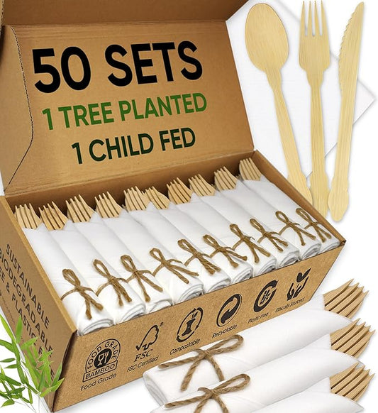 Luxury Pre-Rolled Napkin and Bamboo Cutlery Set (50 Pack, 200 PCS) 100% Biodegradable, Eco-Friendly, Disposable Wrapped Cutlery - Includes Pre-Wrapped Bamboo Forks, Knives, Spoons, & Napkins