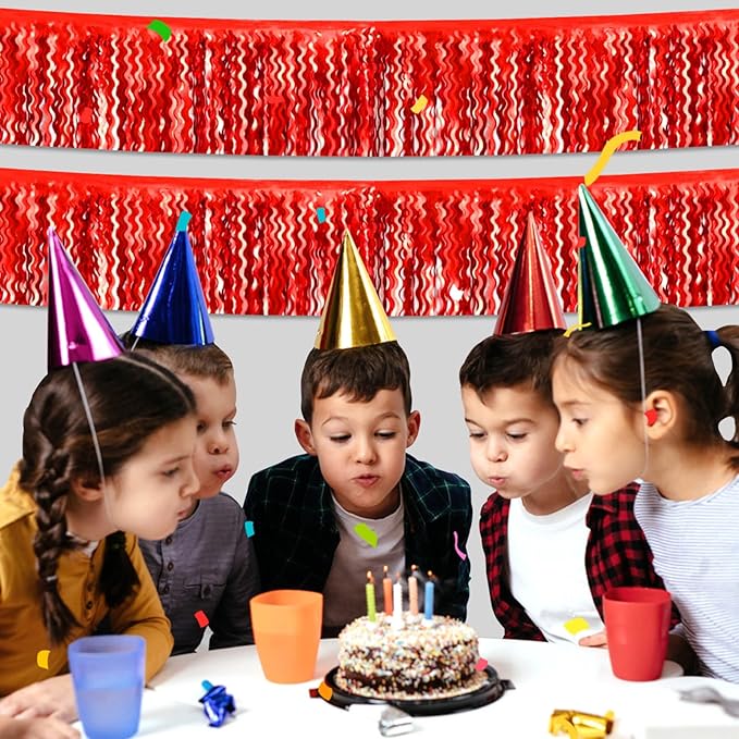 6 Pack 10 Feet Red Wave Foil Fringe Garland Metallic Tinsel Streamers Banner Wall Hanging Curtain Backdrop for Parade Floats, Mother's Day, Easter, Wedding, Birthday Party Decoration