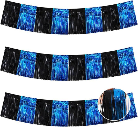 BEISHIDA 3 Packs Metallic Foil Fringe Garland Black Blue Wall Hanging Tinsel Fringe Banners for Car Floats Bridal Shower Wedding Birthday Easter Graduation Holiday Party Decoration(30 Feet)