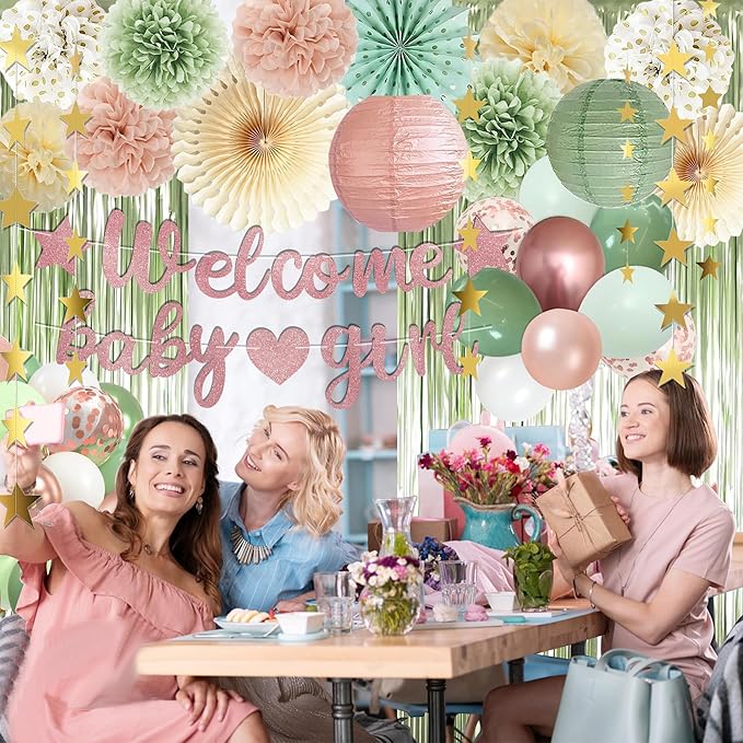 Dusty Pink Sage Green Baby Shower Decorations - Welcome Baby Girl Banner, Retro Pink Green Rosegold Balloons, 'Oh Baby' Cake Topper, Pom Poms Flowers Paper Fan For Birthday Jungle Woodland Party