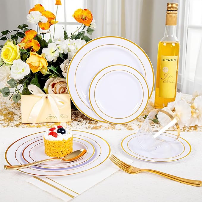 GATHER 350PCS White and Gold Plastic Plates - Disposable Plastic Dinnerware Set Include 50 Dinner Plates, 50 Dessert Plate, 150 Silverware, 50 Napkins, 50 Cups for Party & Wedding & Thanksgiving
