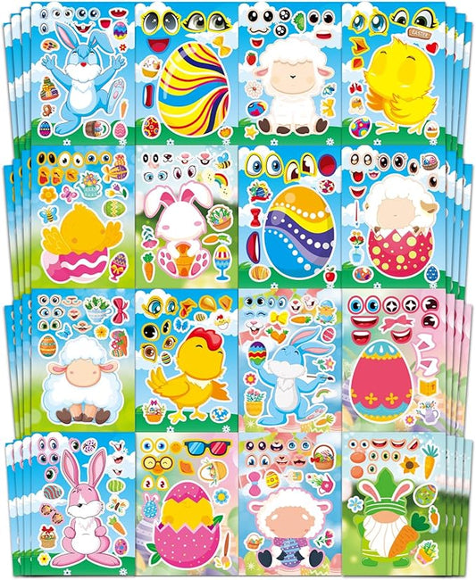 Aowplc 64 Sheets Easter Make a Face Stickers for Kids - 16 Cute Designs - Fun Party Favors, Crafts, Decorations & Basket Stuffers for Easter