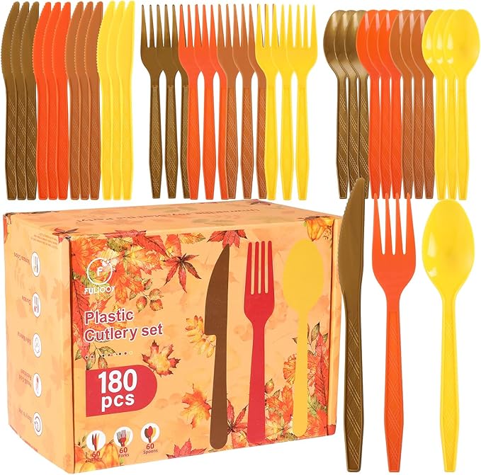 Plastic Silverware Heavy Duty Plastic Cutlery Set Heavyweight Disposable Flatware Includes Spoons Forks Knifes for Birthday Party Prom Night Wedding Dinner (180, Yellow Orange Brown)