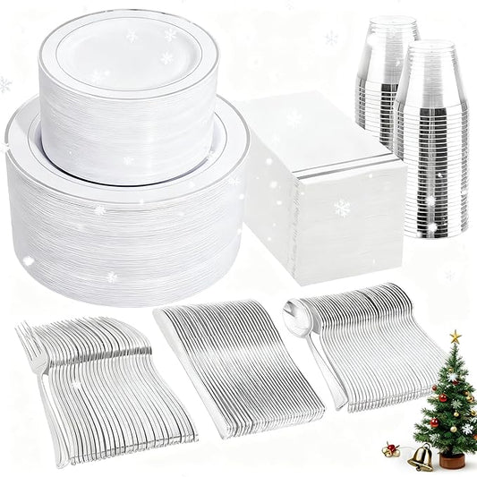 GATHER 700PCS Silver Plastic Plates - Silver Plate Set 100Guest - Disposable Dinnerware Sets 100Silver Rim Dinner Plates 100Silver Dessert Plate 100Paper Napkins&Cups&silver Plastic Silverware Set