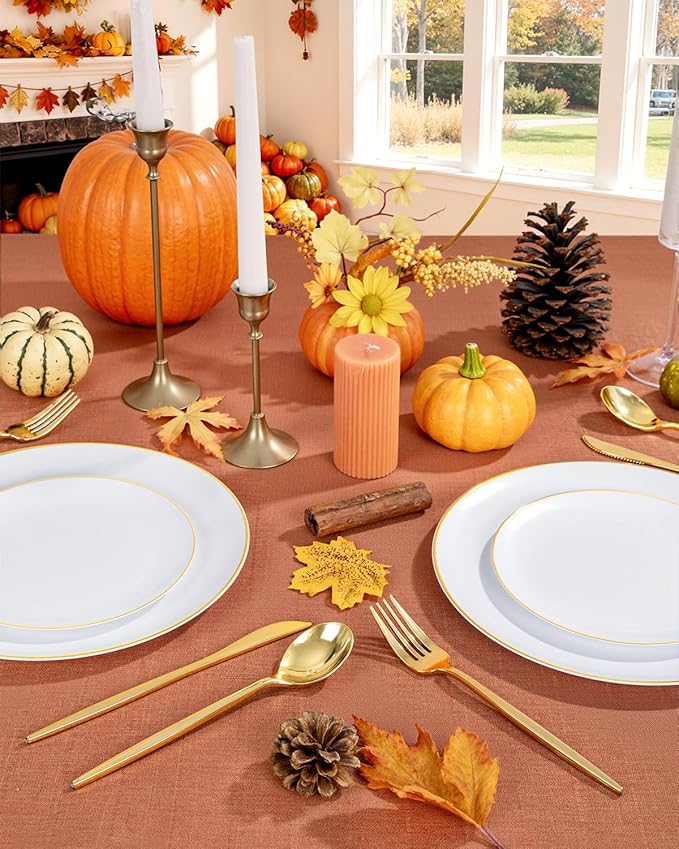 bUCLA 150PCS White and Gold Plastic Plates Disposable - 25 Guests Gold Dinnerware Set - Include 25 Each (Dinner & Dessert) Plates, 25 Knives, 25 Forks, 25 Spoons & 25 Cups for Party & Thanksgiving