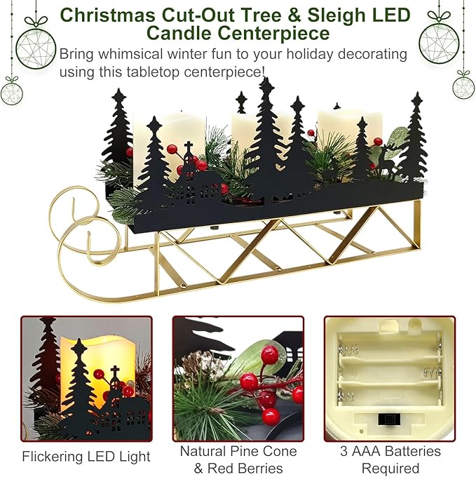 Christmas Centerpiece Table Decorations with Flickering Led Candle Lights Xmas Sleigh Silhouette Candelabrum for Dinning Room, Table, Fireplace, Mantel Holiday Decoration