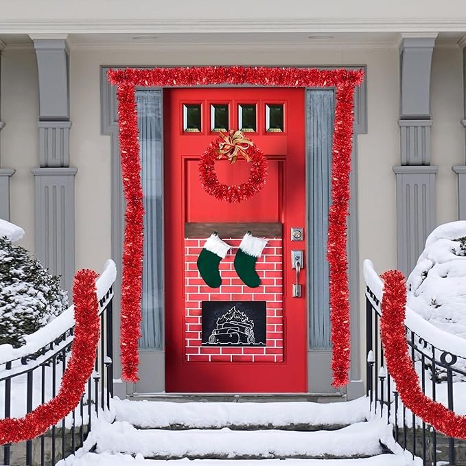 50FT Red Christmas Tinsel Garland Metallic Twist Xmas Garland for Christmas Tree Decorations Holiday Hanging Garlands for Mantel Staircase Indoor Outdoor Home Office Classroom Party Holiday Decor