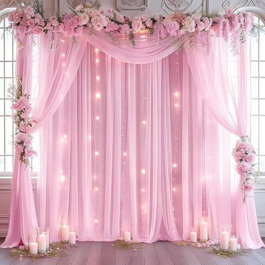 20ft x 10ft Pink Backdrop Curtain with Lights String for Parties, Sheer Tulle Wedding Photo Backdrops Drapes for Baby Shower Birthday Party Decorations Background for Photography