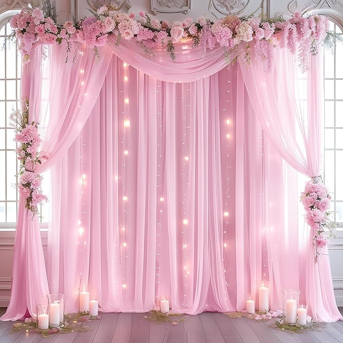 30ft x 10ft Pink Backdrop Curtain with Lights String for Parties, Sheer Tulle Wedding Photo Backdrops Drapes for Baby Shower Birthday Party Decorations Background for Photography