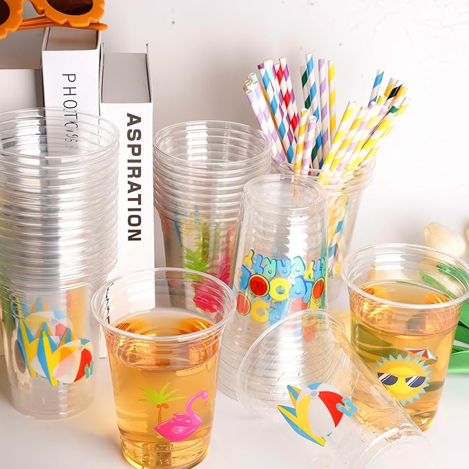 taupphoo 48PCS Beach Pool Party Plastic Cups with Paper lids Summer 16oz Luau Swimming Party Disposable Plastic Cups Drinkware for Beach Ball Pool birthday Decorations favors