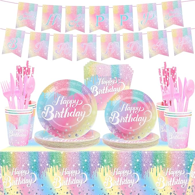Rainbow Birthday Plates Napkins Sets Pink Birthday Party Supplies Glitter Diamond Plates,Rose Gold Disposable Birthdays Dinnerware Sets Unicorn Girls Party Plates with Tablecloth Cup Banner Serve 24