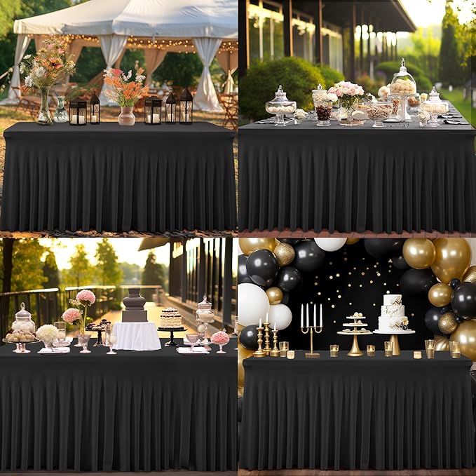 1 Pack Black Table Clothes for 4 Foot Rectangle Tables, One-Piece Wrinkle Resistant Stretch Spandex Table Covers with Skirt for Event Banquet Wedding Birthday Party