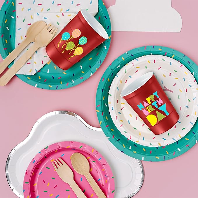 16 oz. Party Cups 'Happy Birthday' Balloon Design for Cold Drinks, Durable, Disposable, Recyclable, Made in USA, Red, 12 Count