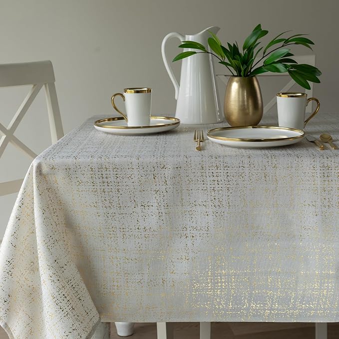 Benson Mills Gold Mine Foil Printed Fabric Table Cloth, Holiday, Winter, Thanksgiving, and Christmas Tablecloth (60" x 120" Rectangular, Gold Mine Ivory/Gold)