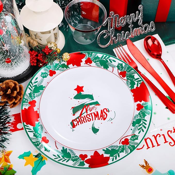 GATHER 176 Pieces Christmas Plastic Plates - Heavy Duty Christmas Disposable Dinnerware Set include 50 Plates, 75 Red Plastic Silverware, 25 Napkins, 25 Cups and 1 Tablecloth for Xmas Party