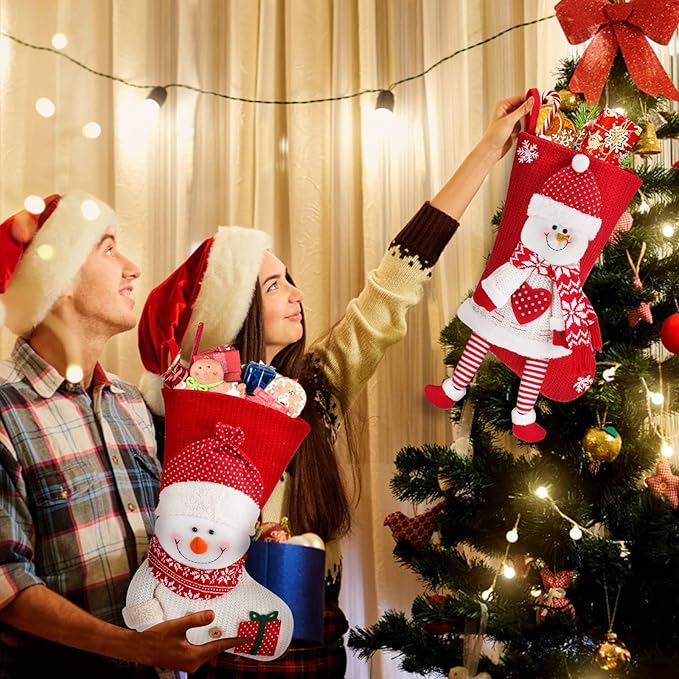 2 Pack Christmas Stockings, Large Stockings, Personalized Knitted 3D Pattern Santa Snowman Socks, Eve Candy Stocking Bag for for Holiday Xmas Party Decoration (Style 2, Santa Snowman)