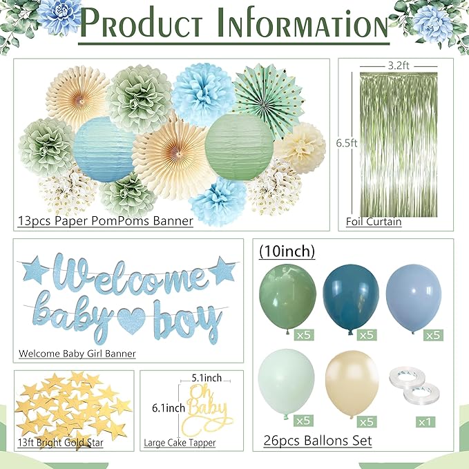 Dusty Blue Sage Green Baby Shower Decorations -Welcome Baby Boy Banner, Retro Sea-blue Green Balloons, 'Oh Baby' Cake Topper, Pom Poms Flowers Paper Fan For Birthday Jungle Boho Blue-Party Décor
