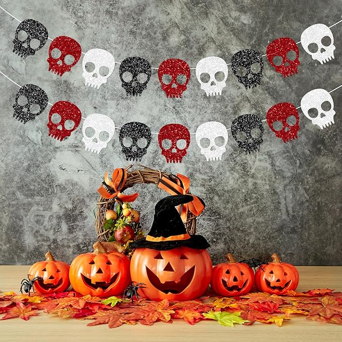 2PC Black/Silver/Red Skull Garland for Halloween Party Decorations Glitter Skull Banner for Gothic Birthday Decorations Supplies