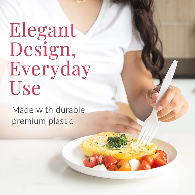 Prestee 100 White Plastic Forks Heavy-Duty, Heavyweight Plastic Silverware Forks, Fancy Plastic Cutlery, Elegant Disposable Forks Pack, Bulk Disposable Flatware, Christmas Holiday Plastic Utensils Set