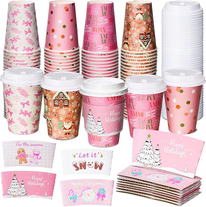 Yungyan 100 Pack 12 oz Christmas Disposable Coffee Cups with Lids and Sleeves Insulated Paper Coffee Cups with Dome Lids and Sleeves for Christmas Hot Chocolate Party Supplies(Cute Pink)