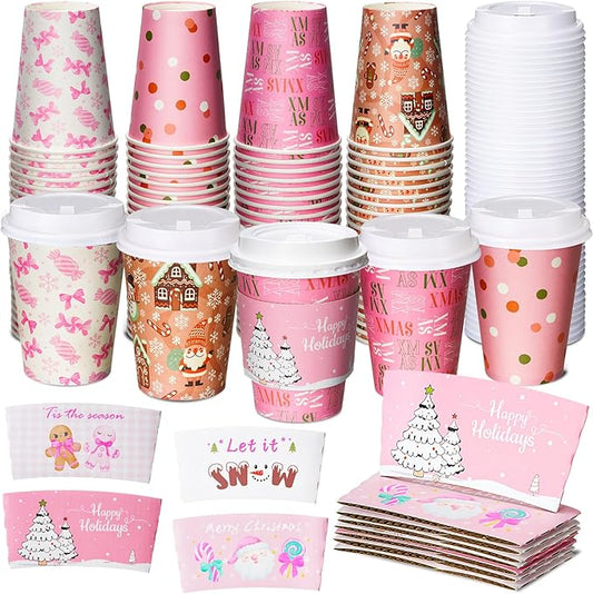 Yungyan 100 Pack 12 oz Christmas Disposable Coffee Cups with Lids and Sleeves Insulated Paper Coffee Cups with Dome Lids and Sleeves for Christmas Hot Chocolate Party Supplies(Cute Pink)