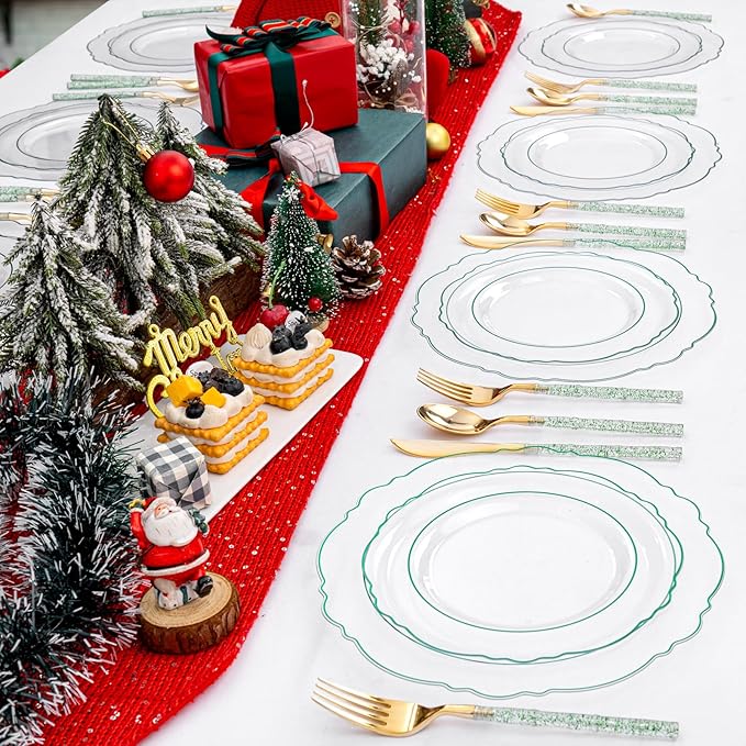 Liacere 150PCS Clear and Green Plastic Plates - Disposable Plates with Glitter Bamboo Handle Cutlery - 60 Baroque Elegant Plates,30Forks,30Spoons,30Knives for Christmas