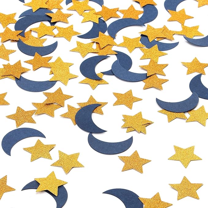 Navy-Blue Moon Gold Star Confetti - 300pcs Glitter Twinkle Little Star Table Confetti Eid Ramadan Mubarak Decoration Birthday Wedding Baby Shower Party Decor Lasting Surprise