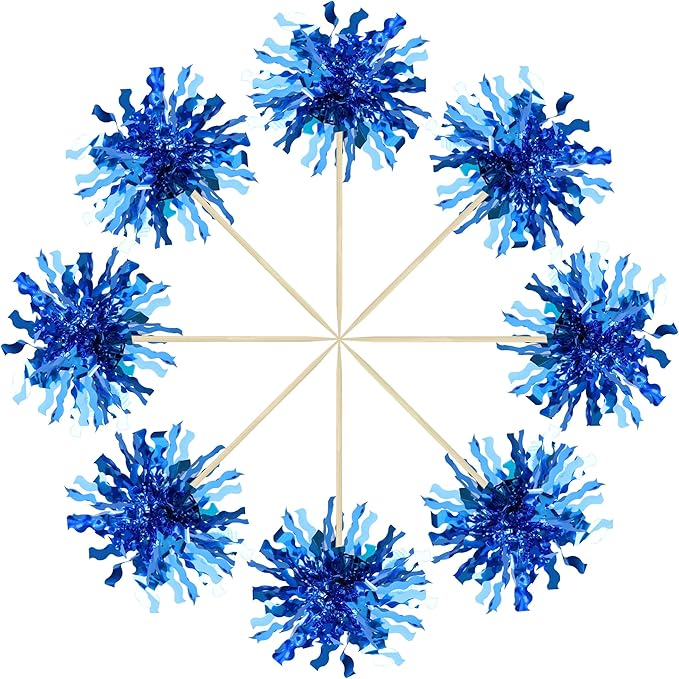 Gyufise 30Pcs Foil Firework Cupcake Toppers Happy Birthday Cake Toppers Sparkle Tinsel Flower Drink Stirrers Cocktail Food Fruit Toothpicks for Valentine's Day Party Supplies Blue