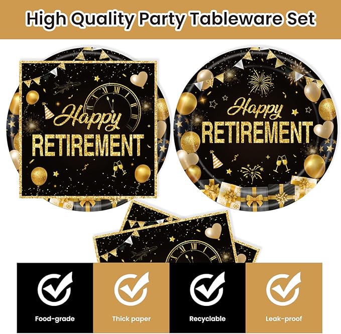 40Pcs Retirement Paper Plates and Napkins Party Supplies, Disposable Happy Retirement Decorations Party Plates Napkins Black Gold Tableware Set for Men Women