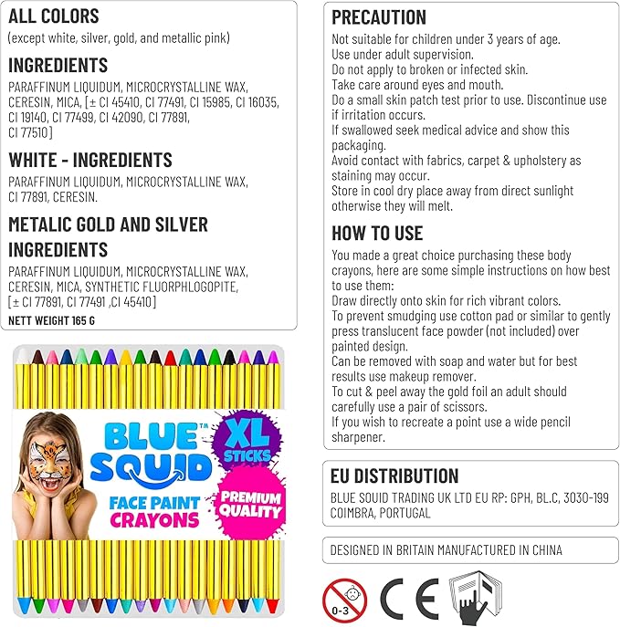 Face Paint Crayons for Kids, Blue Squid 84pcs XL Face & Body Painting Makeup Crayons, Safe for Sensitive Skin, Metallic & Classic Colors, Birthdays & Halloween Makeup Sticks - (2 x 42 Color Sets)