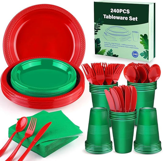 240 Pieces Christmas Plastic Dinnerware Set Disposable Party Plates Napkins Cups and Silverware Dessert Dinner Plates for Birthday Wedding Party Supplies, Serves 30 Guests, Red and Green