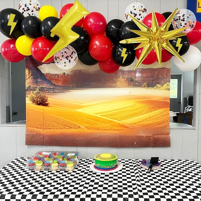 Red Yellow Black Balloons, Cartoon Theme Balloons with 36 Inch Lightning and 22 Inch Star Foil Balloon, Red Black Yellow Confetti Lightning Printed Balloon for Kids Boys Birthday Anime Party Decor