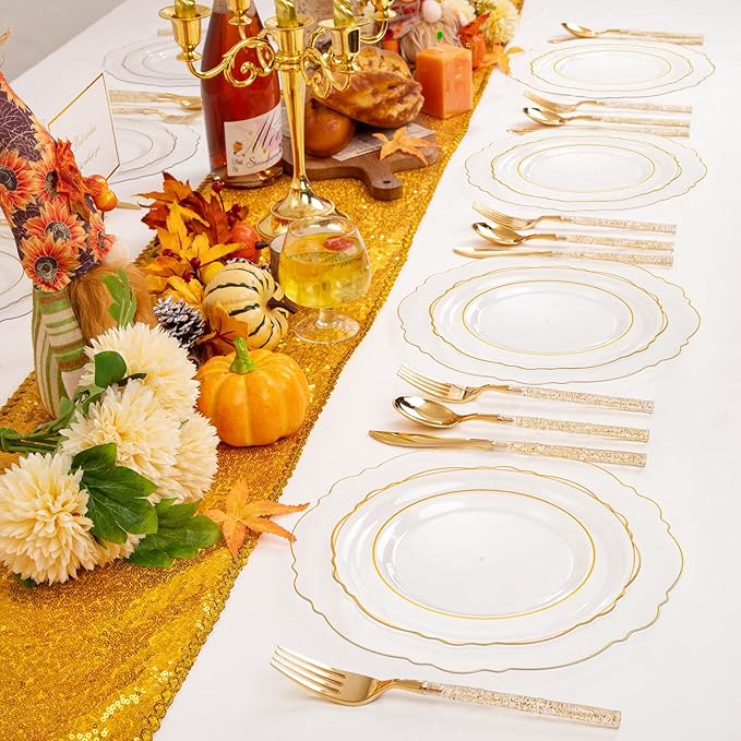 Liacere 150PCS Clear Gold Plastic Plates - Disposable Plastic Silverware with Glitter Bamboo Handle Cutlery-Baroque Clear Gold Disposable Plates for Wedding & Party & Thanksgiving &Fall Decor
