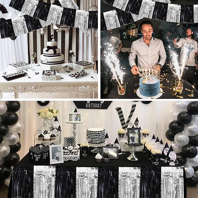 BEISHIDA 3 Packs Metallic Foil Fringe Garland Black Silver Wall Hanging Tinsel Fringe Banners for Car Floats Bridal Shower Wedding Birthday Easter Graduation Holiday Party Decoration(30 Feet)
