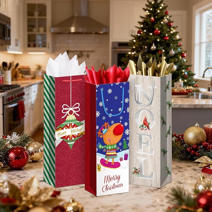 Xylitic 10Pack Christmas Wine Bags with Handles, 14” x 4.7” x 3.5” Christmas Wine Gift Bags for Xmas Holiday Winter and Drinkers Gift Party Favors Supplies.