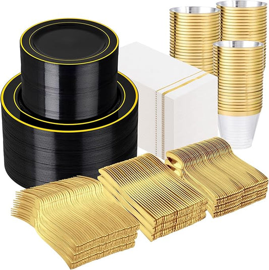 GATHER 700PCS Black Plastic Plates - Gold Disposable Plastic Dinnerware Set Include 200 6.3inch/9inch Black Plates, 300 Silverware, 100 Napkins, 100 Cups for Party & Wedding & New Year