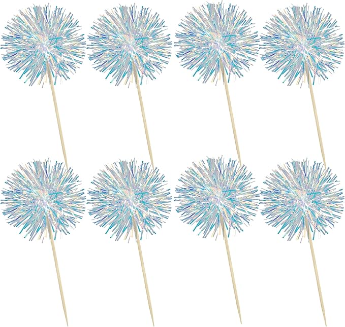 Ephlyn 30Pcs Foil Firework Cupcake Toppers Sparkle Tinsel Cupcake Picks Drink Stirrers Cocktail Food Fruit Toothpicks for Baby Shower Graduation Party Supplies White