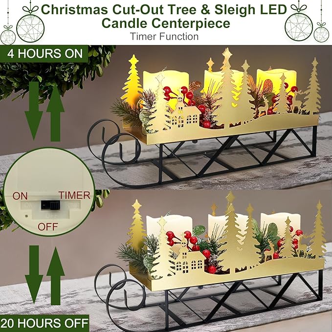 Christmas Sleigh Centerpiece Table Decorations with Flickering Led Candle Lights Xmas Sleigh Silhouette Candelabrum for Dinning Room, Table, Fireplace, Mantel Holiday Decoration