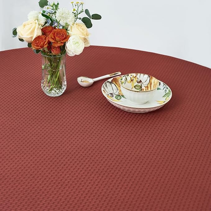 maxmill Round Tablecloth Weaved Pattern Spill-Proof Wrinkle Free Soft Table Cloth for Circular Table Cover, for Dining Room Fall Harvest Thanksgiving Parties Holiday Dinner, 90 Inch, Rustic Brick