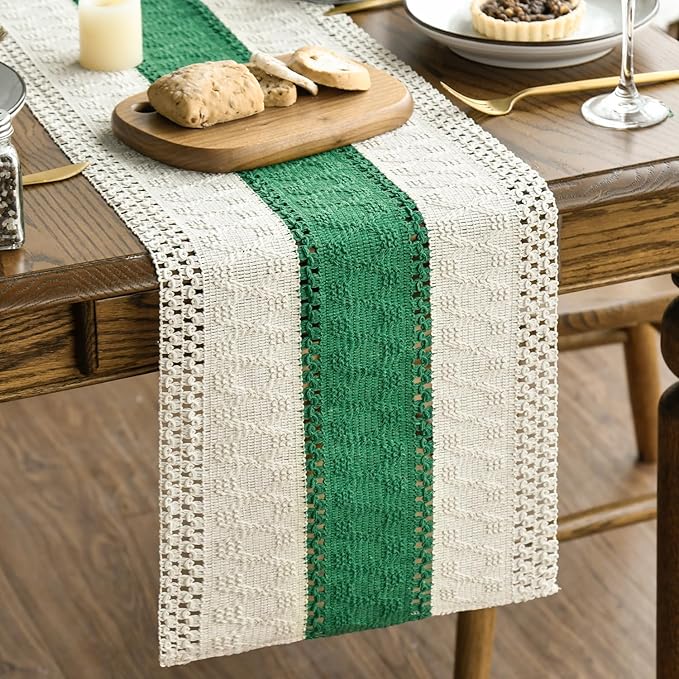 Artoid Mode Dark Green Farmhouse Rustic Table Runner, Seasonal Holiday Hollow Kitchen Dining Table Decoration for Home Party Decor 12x36 Inch