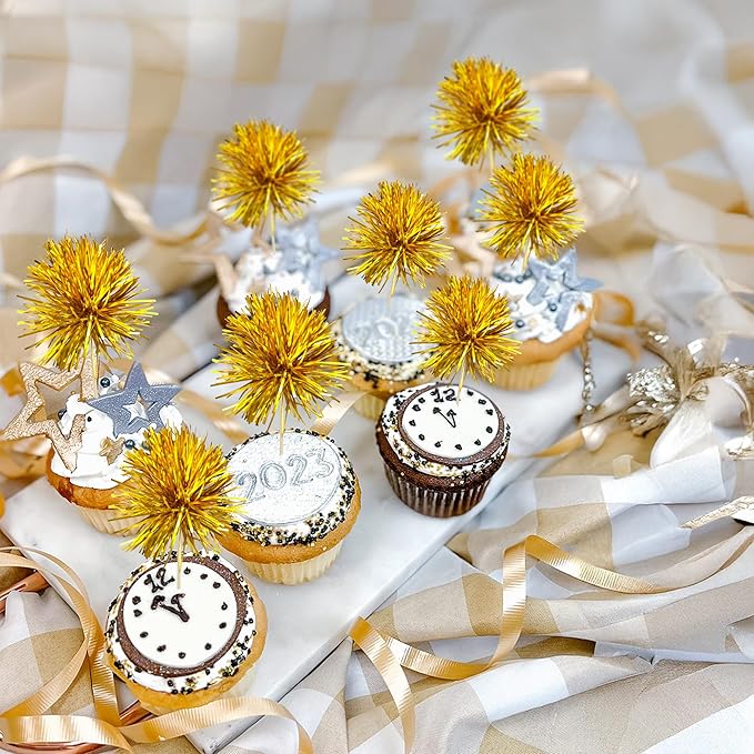 Gyufise 30Pcs Foil Firework Cupcake Toppers Sparkle Tinsel Cake Toppers Tinsel Drink Cake Decoration Cocktail Picks for Birthday Wedding Graduation Party Supplies Dark Gold