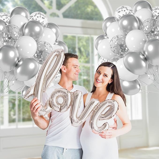 60pcs White and Silver Balloons 12inch, Silver and White Balloons with Metallic Silver Confetti Balloons for Birthday Baby Shower Wedding Anniversary New Years Party Decorations