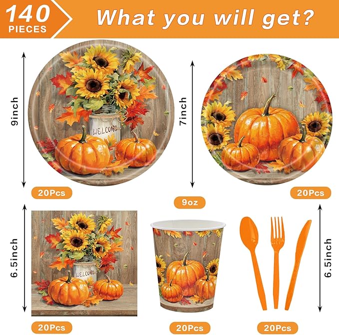 140Pcs Fall Thanksgiving Party Supplies Tableware Set for 20 Guests, Pumpkin Paper Plates and Napkins Cups Tablecloth Cutlery Straws for Autumn Harvest Party Decoration