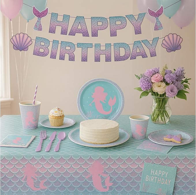 Mermaid Birthday Party Supplies for Girls – 102 PCS Mermaid Party Decorations Set for 16 Guests, Includes Plates, Cups, Napkins, Cutlery, Tablecloth, Banner – Under the Sea / Ocean Theme Baby Shower