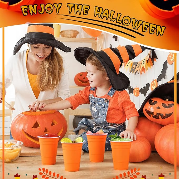 Dualshine 100 Pack Halloween Orange Plastic Cups 16 oz, Disposable Cups for Party, Heavy Duty Drinking Cups for Wedding Birthday Halloween Beer Taste Serving Snack Sample Tastings Barbecues Picnic