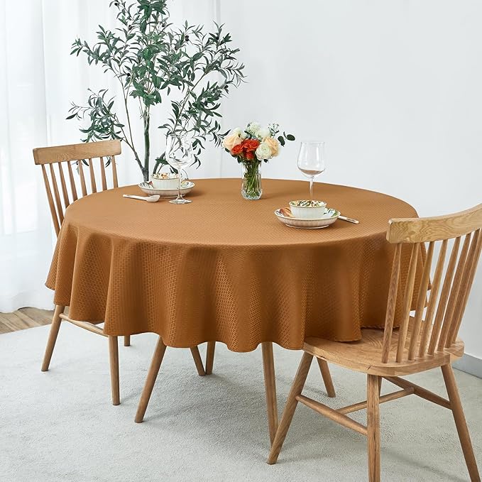 maxmill Fall Tablecloth Weaved Texture Design Stain Resistant Waterproof Anti-Shrink Spillproof Washable Soft Table Cloth for Dining Room Harvest Thanksgiving Parties, Round 70 Inch, Amber