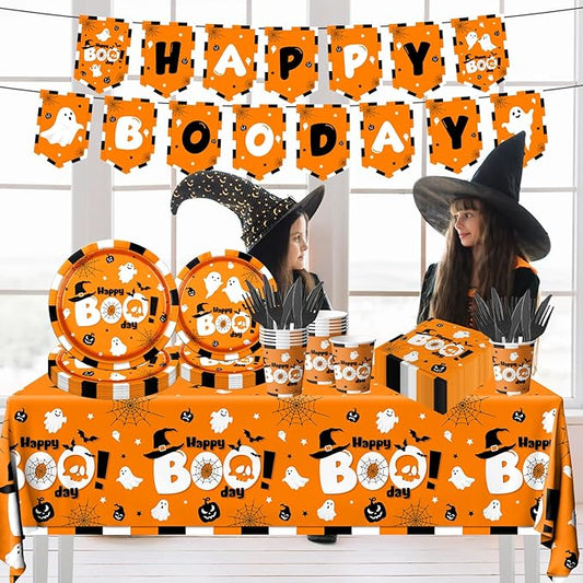 Boo Day Party Decorations,142pcs Halloween Party Tableware Set Include Happy Boo Day Plates Napkins Cups Boo Tablecloth Banner Decoration Orange Ghost Party Supplies for Halloween Birthday Baby Shower