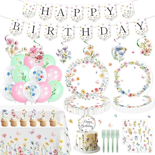 143PCS Spring Wildflower Party Supplies Birthday Decorations Plates Napkins Set, Banner, Hanging Swirls, Tablecloth, Cake Topper, Balloon,Floral Baby Shower, Serves 20