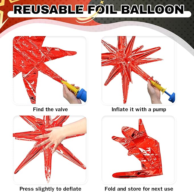 6PCS Star Balloons, 22Inch Red Black and Gold Star Balloon Foil Balloons Spike Cone Balloon for Birthday Anniversary Festival Film Casino New Year Party Decorations